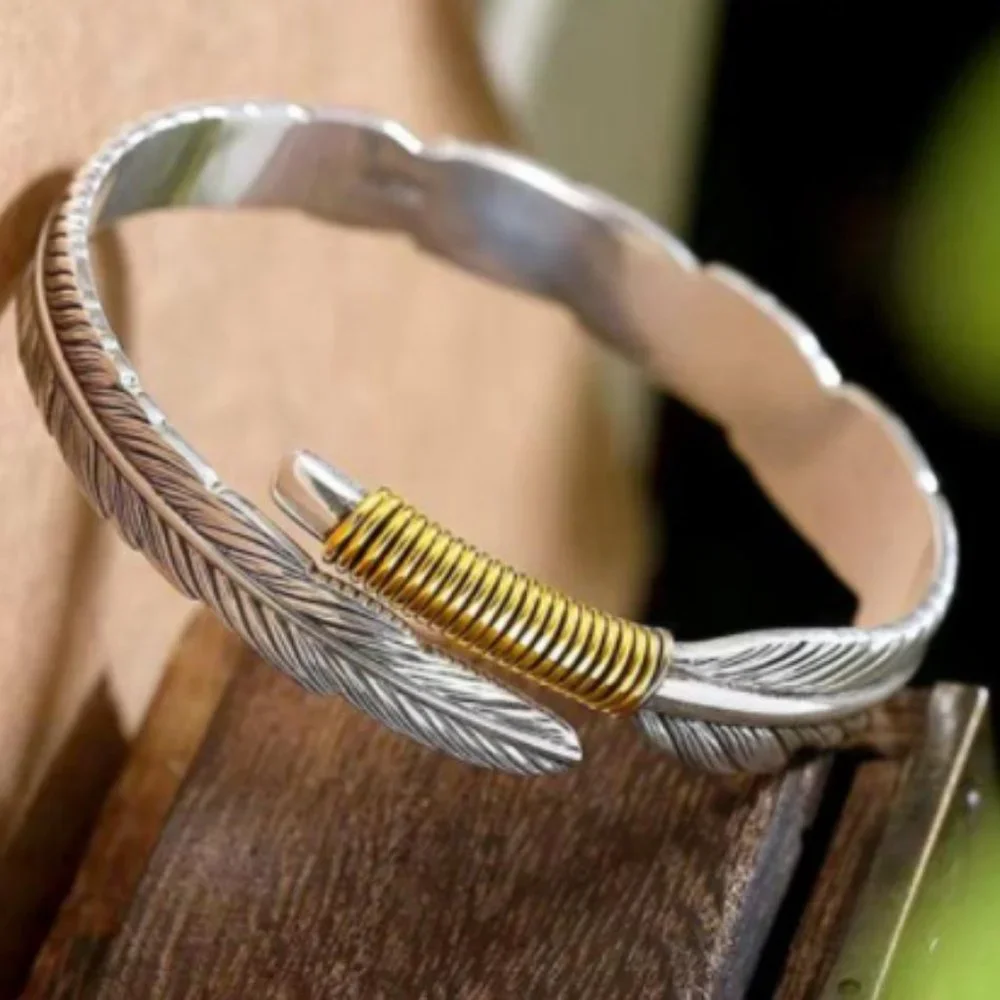 Takahashi Goro's Handmade Silver Golden Feather Cuff Bracelet Bangle Han…